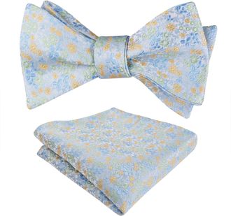 Alizeal Mens Floral Patterned Colorful Classic Self Tied Bow Tie and Pocket Square Set, Light Blue+Green+Orange