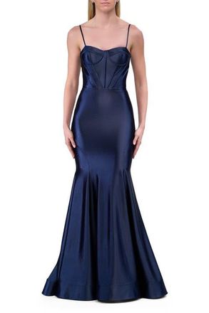 La Femme Chic Stretch Satin Gown with Corset Top and Flare Skirt in Navy at Nordstrom, Size 10