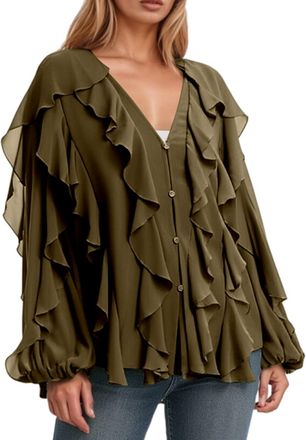 Generic Womens Ruffles Satin Shirt Lady Blouse Solid Color Turndown Collar Long Sleeve Top (Bronze, S)