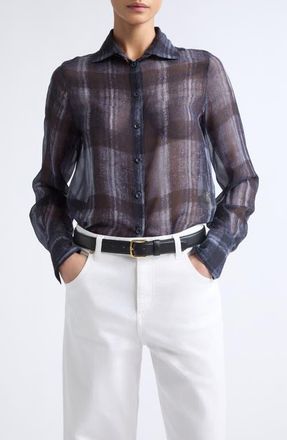 Eleventy Plaid Silk Button-Up Shirt in 177 Amethyst at Nordstrom, Size 44
