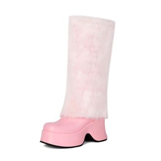 Generic Womens Wedge High Heel Platform Long Boot Round Toe PU Leather Mid-Calf Boots Pull on Warm Winter Boots,Pink,3.5 UK