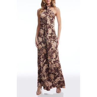 Dress The Population Olivia Floral Halter Neck Gown in Mocha Multi at Nordstrom Rack, Size Xx-Small