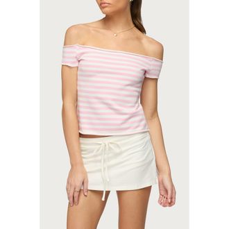 Edikted Stripe Off the Shoulder French Terry Top in Pink-And-White at Nordstrom, Size X-Small