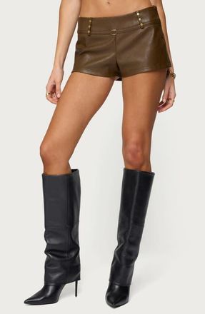 Edikted Reese Stud Detail Faux Leather Microshorts in Brown at Nordstrom, Size X-Small