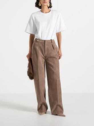 Mani&egrave;re De Voir Solene Suede Wide Leg Pleated Trousers in Taupe at Nordstrom, Size 10
