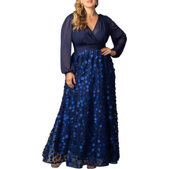 Kiyonna Blossoming Beauty Long Sleeve Mesh Evening Gown in Navy Blossoms at Nordstrom, Size 0X
