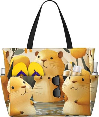 Generic Cute Capybara Print Large Beach Bag Foldable Travel Shoulder Tote Bag With Pocket For Weekender Pool Vacation