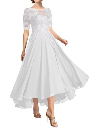 Generic Ivory Mother of The Bride Dresses Tea Length Lace Applique Chiffon Formal Evening Gown with Short Sleeves Wedding Guest Dress for Women 14