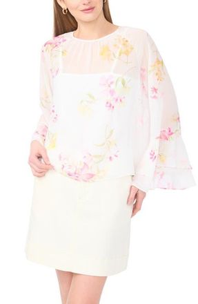 Vince Camuto Floral Flutter Sleeve Top in Lemon Cream at Nordstrom, Size X-Small P