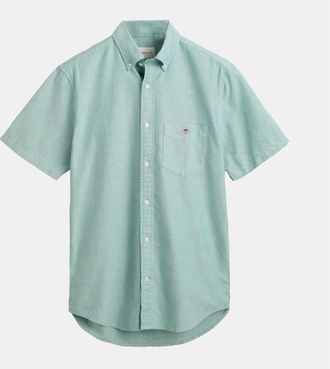 GANT Mens Regular-Fit Classic Short Sleeves Oxford Shirt in Green Cotton - Size X-Large