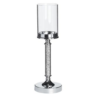 Beliani Portavelas De Metal Plateado Pantalla De Cristal 41 Cm Centro De Mesa Decoraci&oacute;n Glamour Abbeville