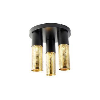 QAZQA Qazqa Industrial Plaf&oacute;n Industrial Negro Con Dorado Redondo 3 Luces - Raspi Acero Redonda Adecuado Para Led Max. 3 X 25 Watt