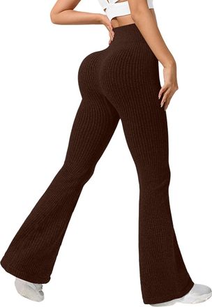 Generic Flared Leggings for Women High Waisted Tummy Control Gym Leggings Scrunch Butt Lifting Sports Yoga Pants Womens Seamless Ribbed Knit Joggers Running C