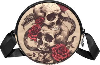 Generic Circle Crossbody Bag for Women, Skulls Snakes Rose Small Sling Bag Daypack with Zipper Adjustable Shoulder Straps Casual Ladies Girls Round Purse