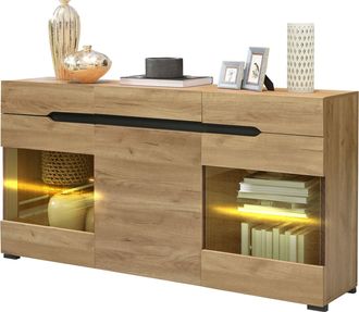 STILVORA Aparador Con 3 Puertas Y 3 Cajones Y Led, Frente Brillante, Estilo Moderno, Sal&oacute;n, En Tablero Aglomerado, 140&times;35&times;80 Cm, Roble