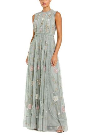 Mac Duggal Floral Mesh Sleeveless A Line Micro Ruffle Gown in Sage Multi at Nordstrom, Size 4