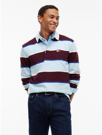 Tommy Hilfiger Mens Tommy Jeans Relaxed Striped Rugby Polo - Calypso Berry Stripe - XXL