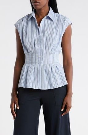 Max Studio Pinstripe Pleated Sleeveless Shirt in Blue/Navy Shadow Stripe at Nordstrom Rack, Size X-Small