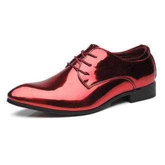 Generic Formal Shoes for Men Lace Up Patent Leather Derby Shoes PU Leather Block Heel Resistant Non Slip Wedding(Red,10.5 UK)