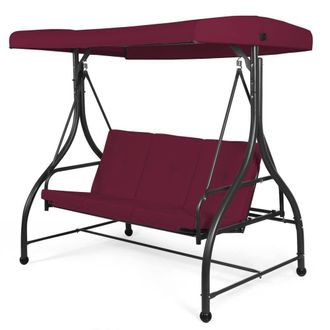 Costway Costway Patio Swing 3-Person Convertible Canopy Swing w/Cushion Seats in Wine