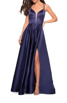 La Femme Long Satin Formal Gown with Leg Slit and Strappy Back in Navy at Nordstrom, Size 12