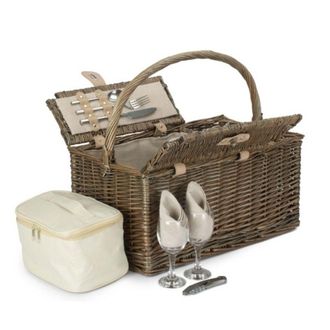 Red Hamper Wicker Deluxe Retro Double Lidded 2 Person Fitted Picnic Basket in Brown