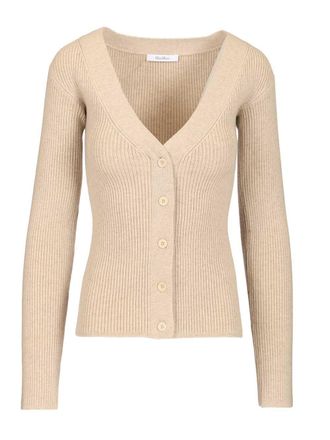 Max Mara Gioiosa V Neck Ribbed Cardigan Wool Cashmere Knitwear Beige