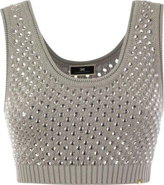 Elisabetta Franchi Cotton Mesh Top met Strass-steentjes - Dames - Tops zonder mouwen - Grijs - L - Katoen - Tops