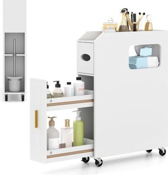 Costway Mobiletto da bagno piccolo, Mobile contenitore con ruote, Cassetto estraibile, Porta carta igienica, Porta scopino, Con serratura, Bianco