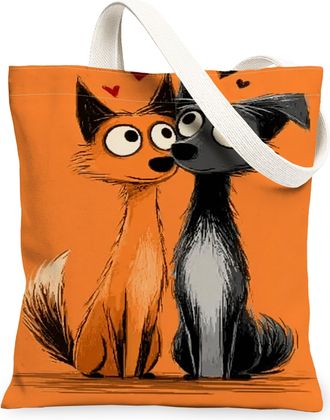 Generic Cute Animal Canvas Tote Bags, Fun Fox and Dog Print Reusable Grocery Bags, Lightweight Washable Shoulder Strap Canvas for T, Orange, 13x15 Inch