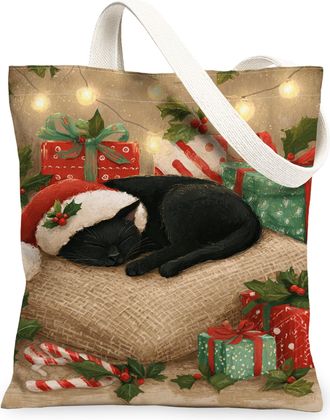 Generic Christmas Cat Canvas Tote Bags, Cat Pattern Reusable Grocery Bags, Vintage Lightweight Washable Shoulder Strap Canvas for T, Black, 13x15 Inch