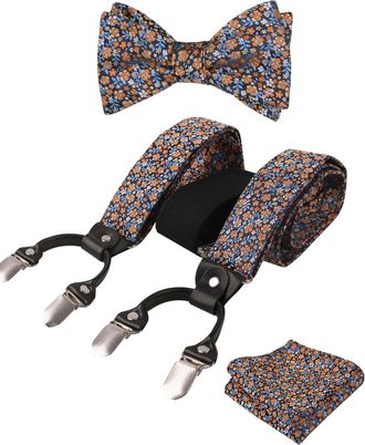Alizeal Mens Floral Patterned Classic Colorful Self Tied Bow Tie, Hanky and Y Shape Adjustable 6 Clips Braces Set, Navy+Orange