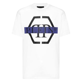 Philipp Plein Tops, Heren, Wit, 2Xl, Katoen, Ronde Hals T-Shirt PP Tape