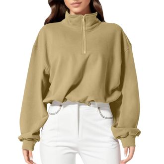 Generic Sweatshirts for Women Women Half Zip Crop Sweatshirt Workout Hoodie High Neck Long Sleeve Athletic Clothes (Khaki, L)