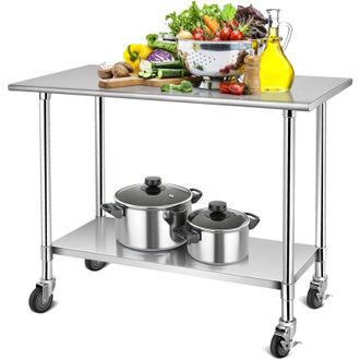 Costway Costway - Mesa De Trabajo Acero Inoxidable 122 X 61 Cm, Mesa Con Repisa Inferior Regulable, Superficie Anti Rasgu&ntilde;os Con Ruedas Bloqueables