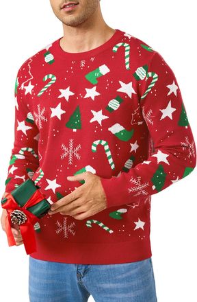 iClosam Mens Christmas Jumpers Long Sleeve Pullover Crew Neck Ugly Funny Novelty Snowman Stars Knitwear Top Red