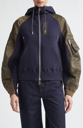 sacai Sponge Sweat x Nylon Twill Full Zip Hoodie in Navy/Dark Khaki at Nordstrom, Size 4