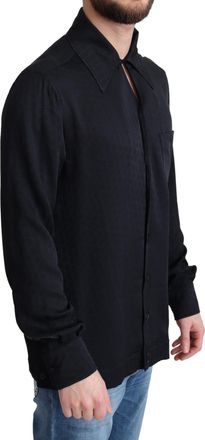 Dolce & Gabbana Mens Black Jacquard Silk Casual Button Down Shirt