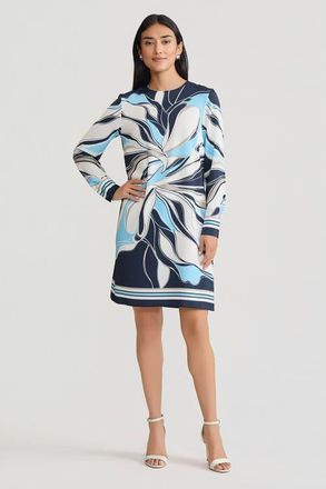 Ming Wang Floral Abstract Crepe de Chine Shift Dress in Indigo/white/serene at Nordstrom, Size Xx-Small