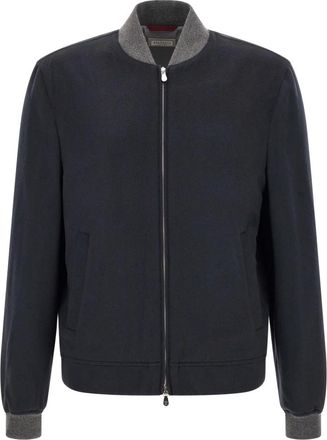 Brunello Cucinelli Lichtgewicht Cashmere Flanellen Bomberjack - Heren - Bomber jackets - Blauw - XL - Leer - Jassen