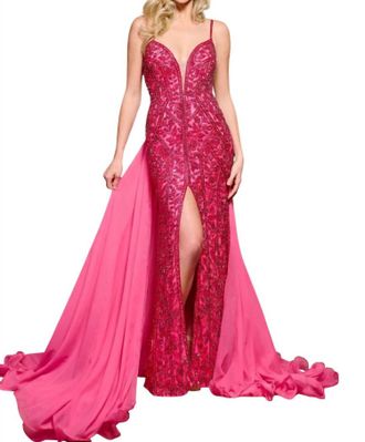 Rachel Allan Stretch Tulle Floor Length Gown In Fuchsia