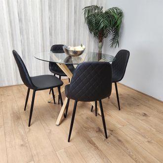 Kosy Koala Round Glass Dining Table Set With 4 Black Gem Pattern Chairs Dining Room Furniture in Clear