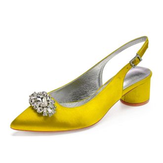 Generic Wedding Shoes Womens Low Heels Pointed Toe Bridal Heels Comfortable Satin Chunky Heels Prom Party Dress Shoes 4.5Cm,Yellow,8 UK