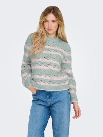 Only Rundhalspullover ONLY ONLKIMA LS LIFE STRIPE O-NECK CC KNT, Damen, Gr. L (40), bunt (icy morn stripes:chalk pink), Strick, Obermaterial: 100% Polyeste