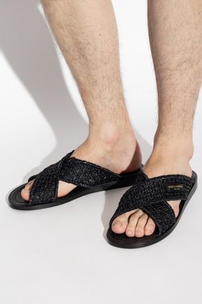 Dolce & Gabbana Slides With Logo Patch, Mens, Black