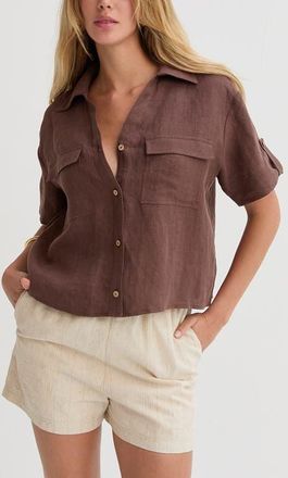Crescent Button Down Short Sleeve Linen Top in Brown at Nordstrom, Size X-Small