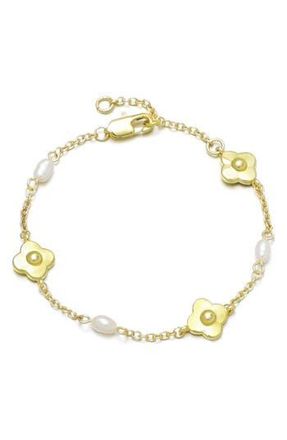 Adornia 14K Gold Plated Freshwater Pearl & Flower Station Chain Bracelet in Gold/White at Nordstrom Rack