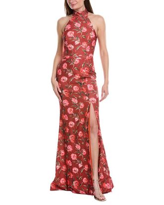 Rene Ruiz Halter Neck Belted Waist Floral Gown