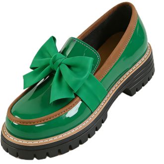 Generic Womens Patent Loafers Wide Width, Elegant Bow Loafers for Women Chunky Platform Loafer Casual Comfortable Dress Shoes (Green,7.5)