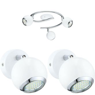 Loops Ceiling Spot Light & 2x Matching Wall Lights White Chrome Round Adjustable Lamp